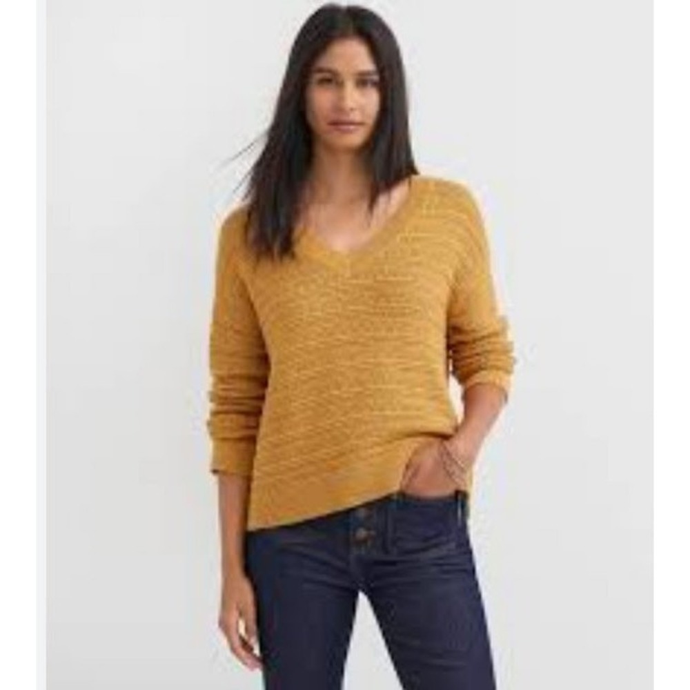 LOFT Marigold Yellow V Neck Textured Knit Cropped Sweater Women Size XS‎  E68